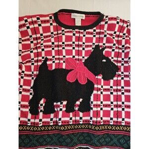 Casual Corner Sweater Women's Large Red Scottish Terrier Dog 90s Christmas Vtg